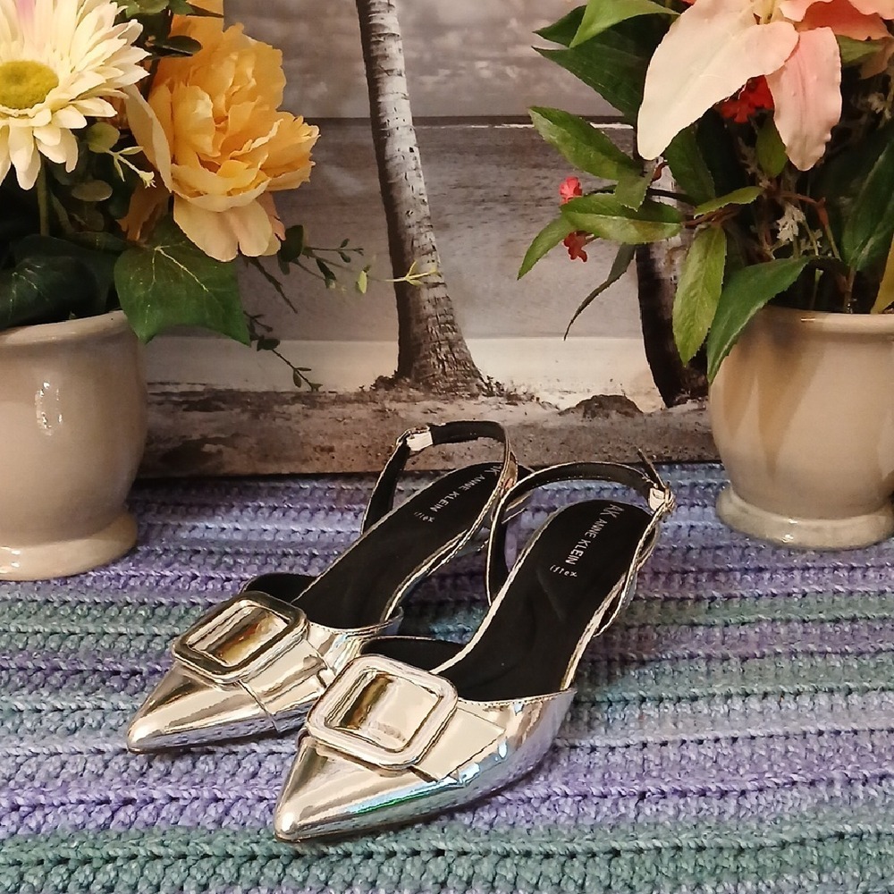 Anne Klein Silver Buckle Slingback Flats